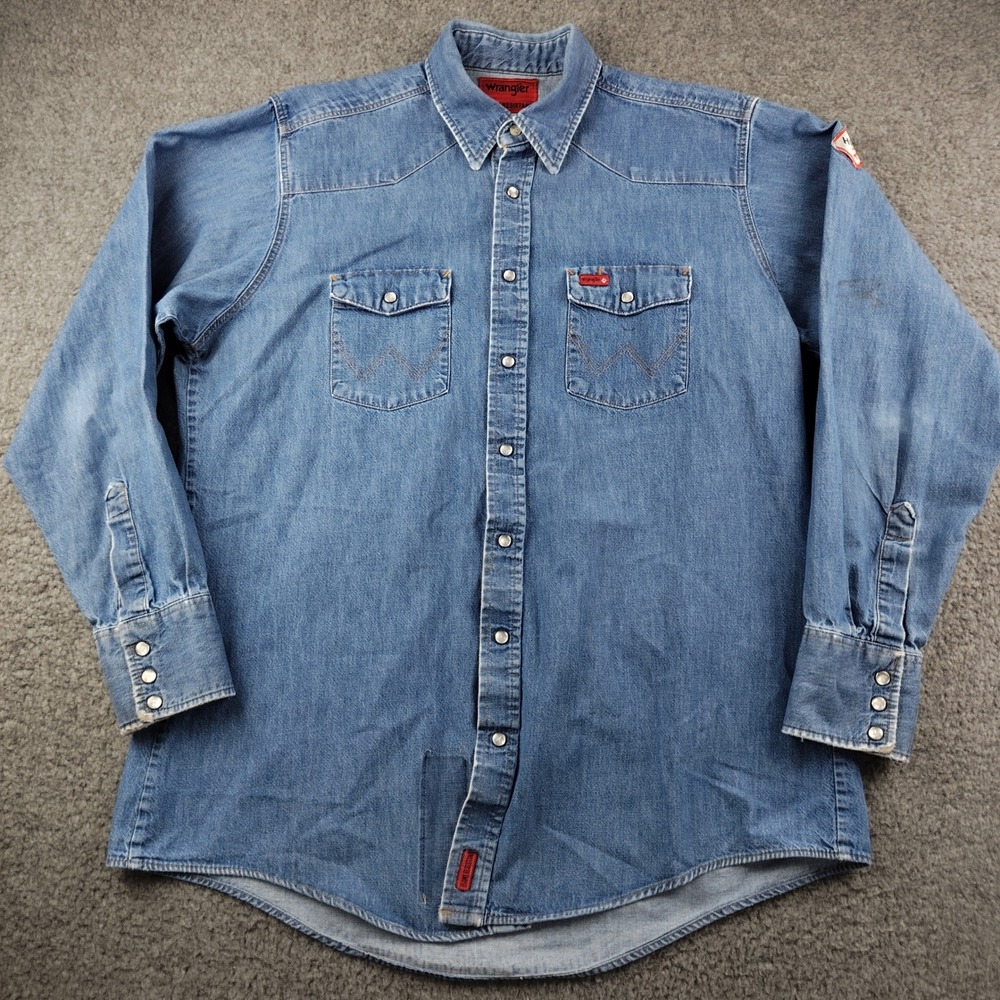 Wrangler FR Pearl Snap Shirt Mens XL Tall FR Flame Resistant Western Denim Blue